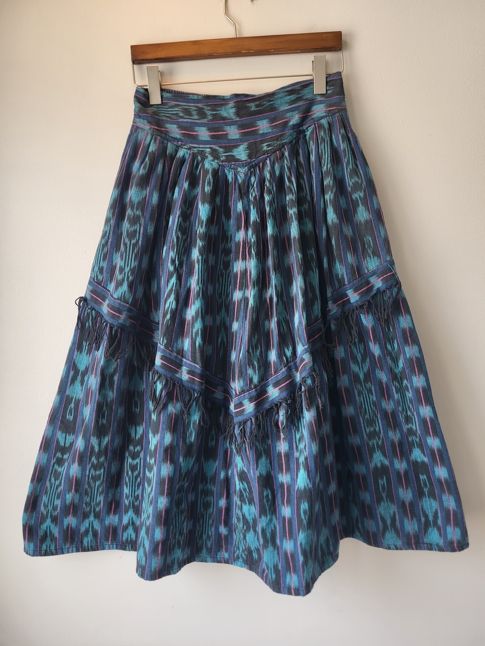 Telas Teal, Blue & Purple Ikat Tiered Fring Full Countryside Chic Midi Skirt